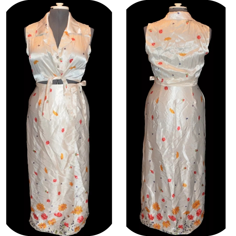 Cosmos Collection USA Vintage 80s Ivory Floral Print top & Skirt Set sz Large
